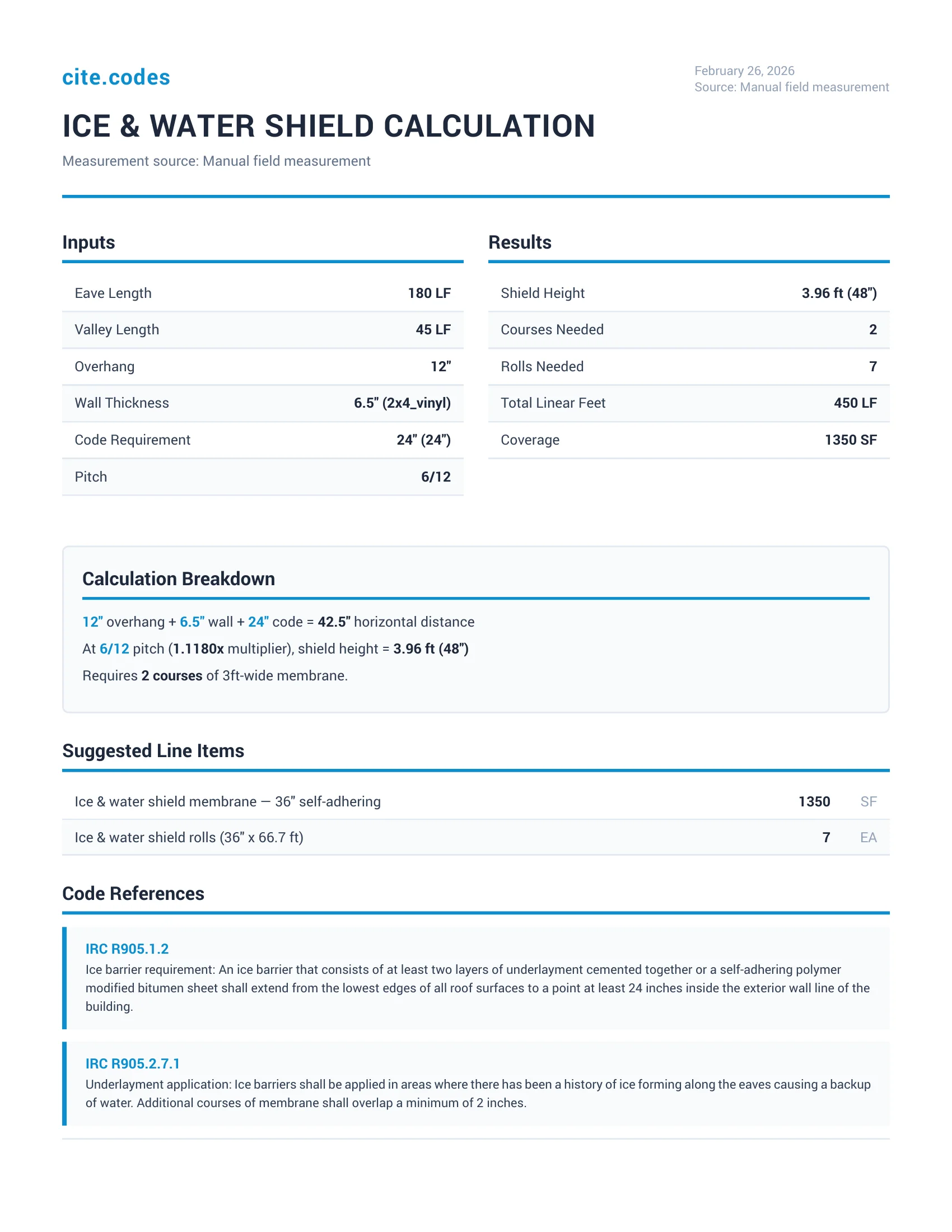 Ice & water shield calculation with code references