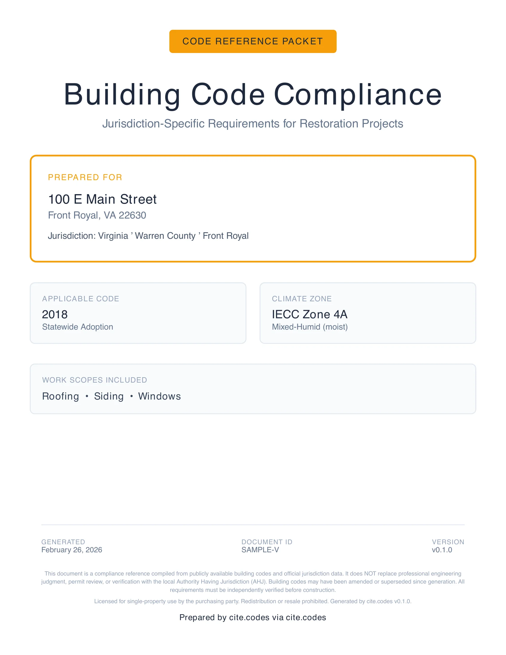 Building Code Reference — Front Royal, VA — cover page