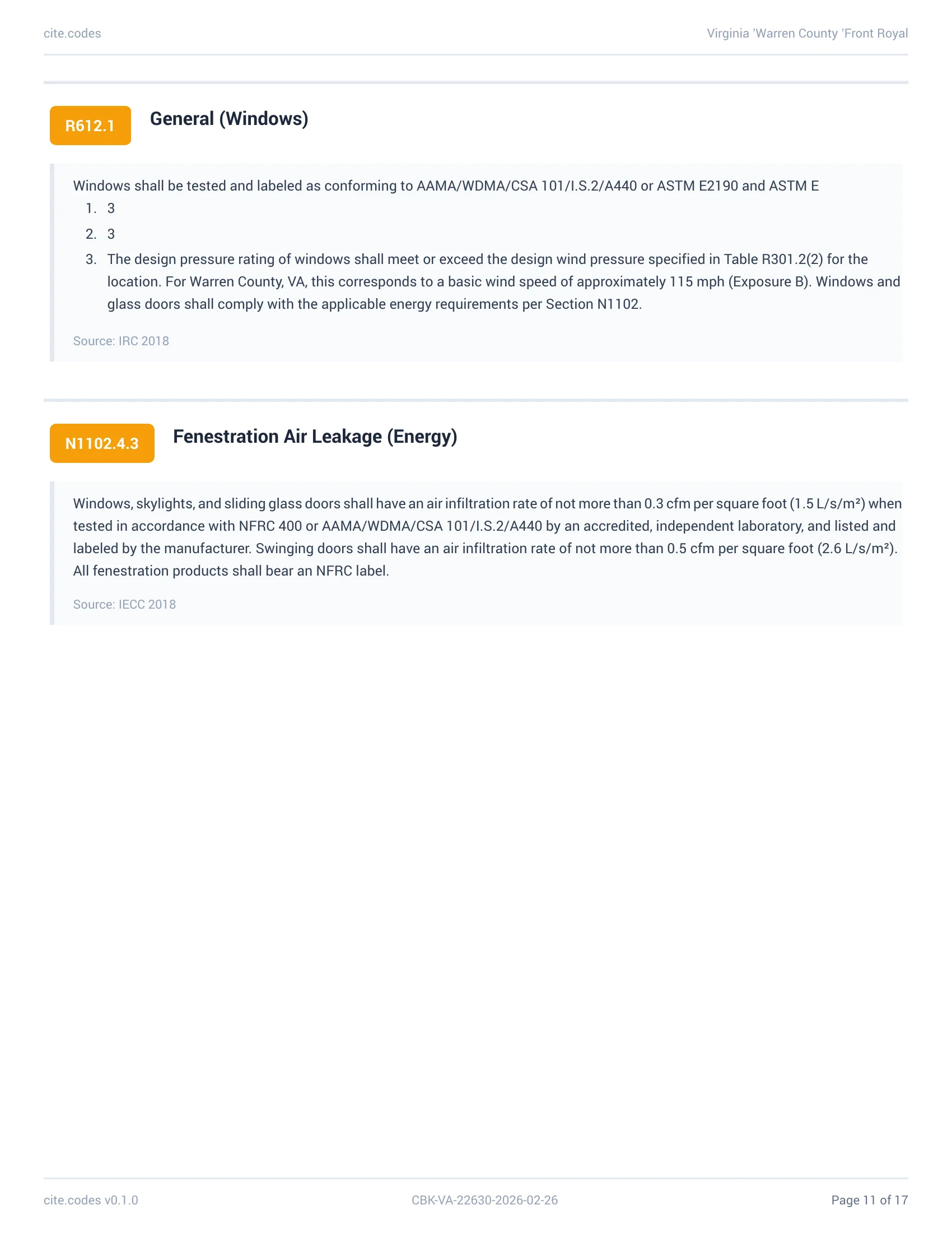Code sections with Wind Resistance, Roof Drainage, and Exterior Covering requirements with verbatim code text