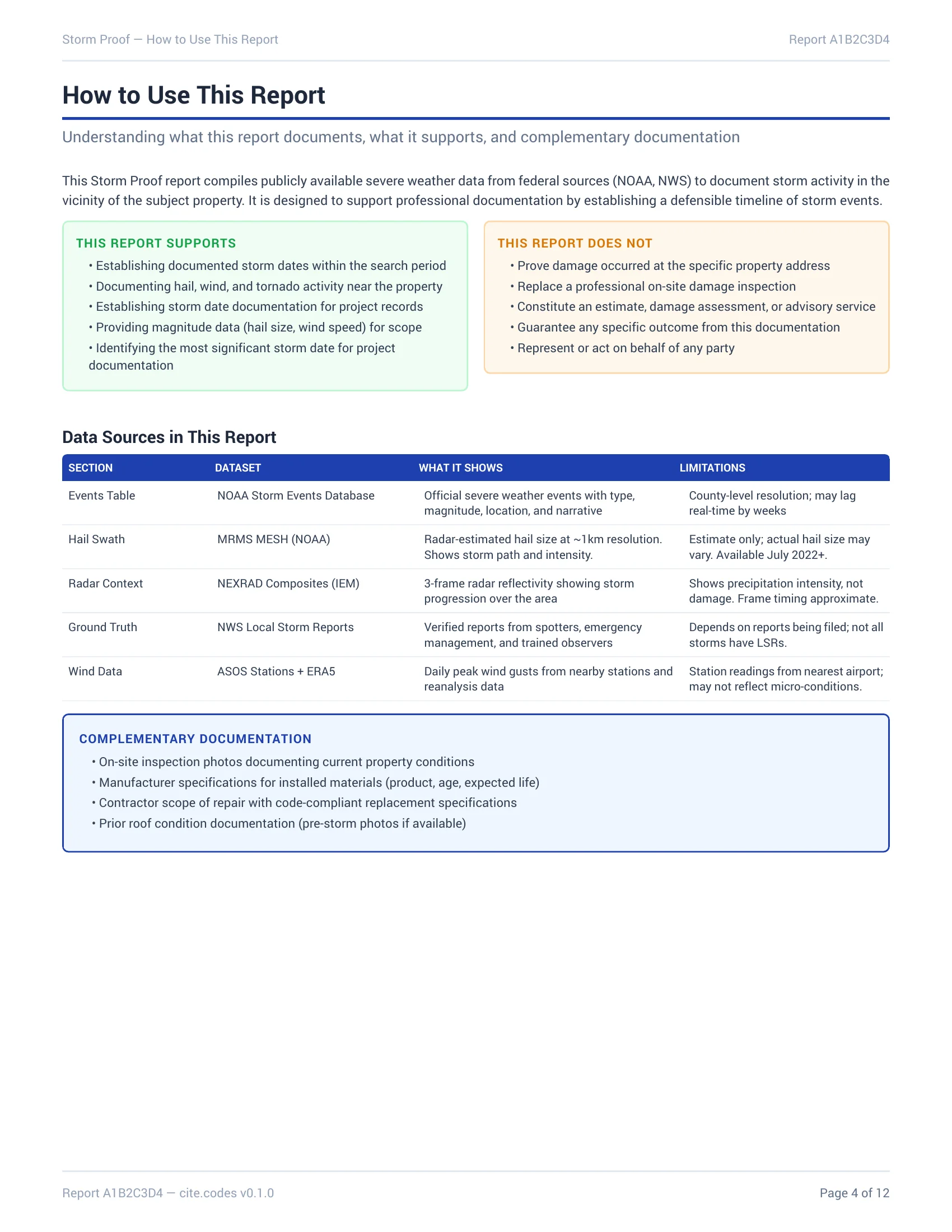 Storm events table with severity badges
