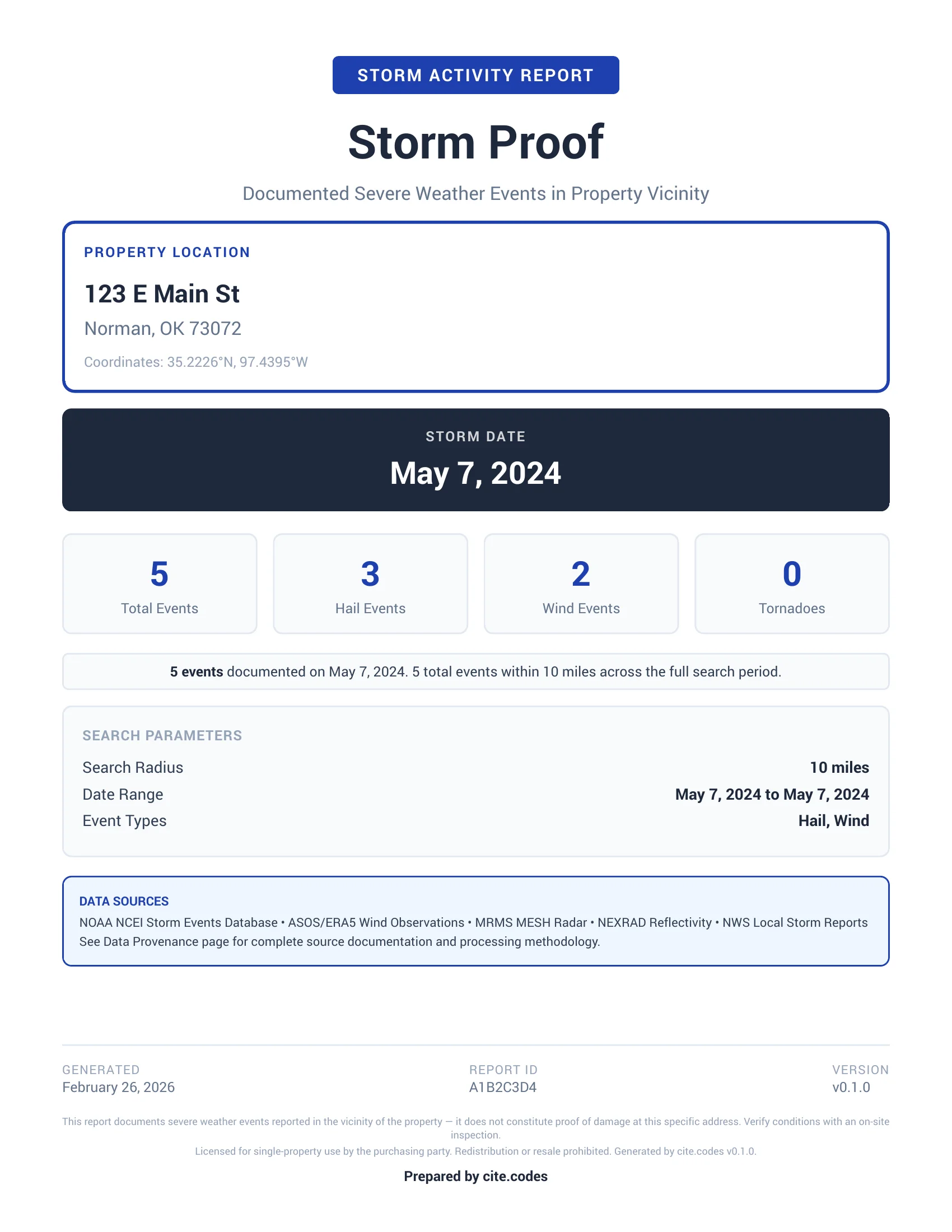 Storm Proof report cover page with property location, event statistics, and data sources